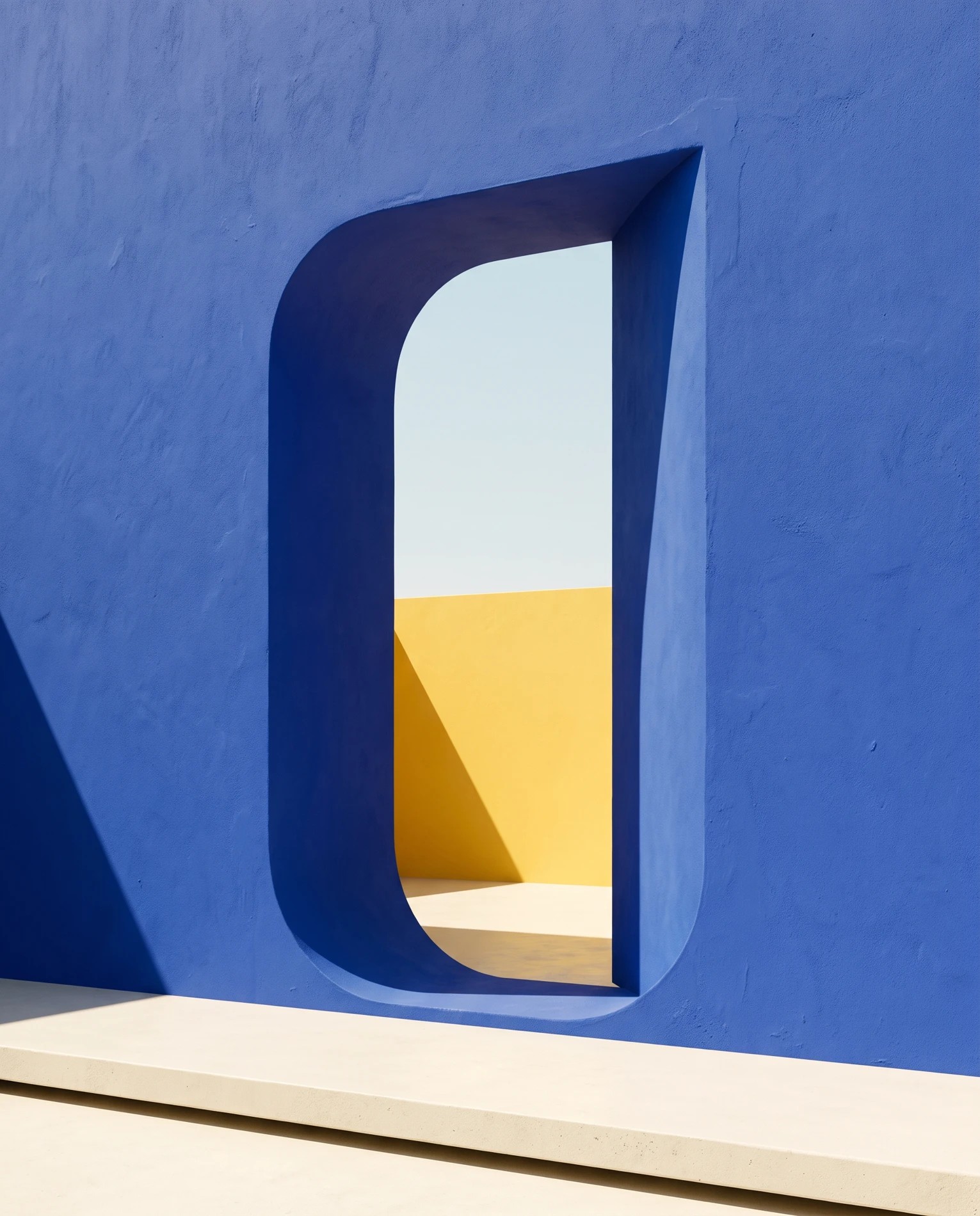 Conceptual sunlit opening in a royal-blue wall with yellow light beyond