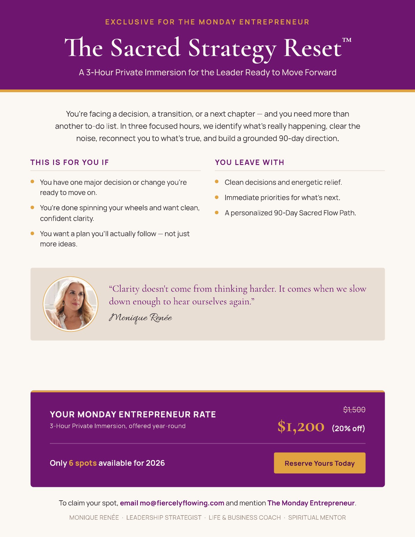 The Sacred Strategy Reset™, original flyer page 1. Download the PDF for full text.